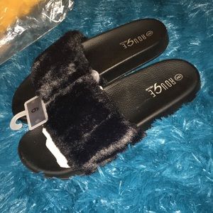 Black Furry Slides